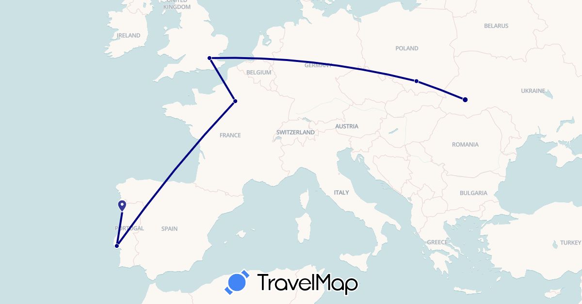TravelMap itinerary: driving in France, United Kingdom, Poland, Portugal, Ukraine (Europe)